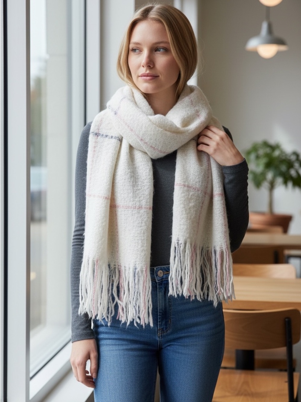 El Corte Ingles Oversized Fringe Stripe Blanket Scarf Soft Neutral